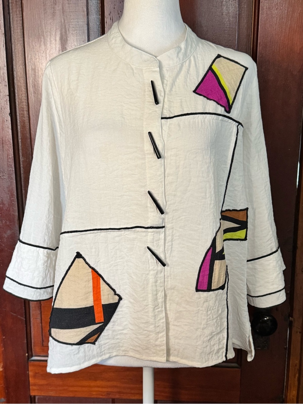 Ali Miles Abstract Retro Patchwork Design Blouse Top size Petite Small